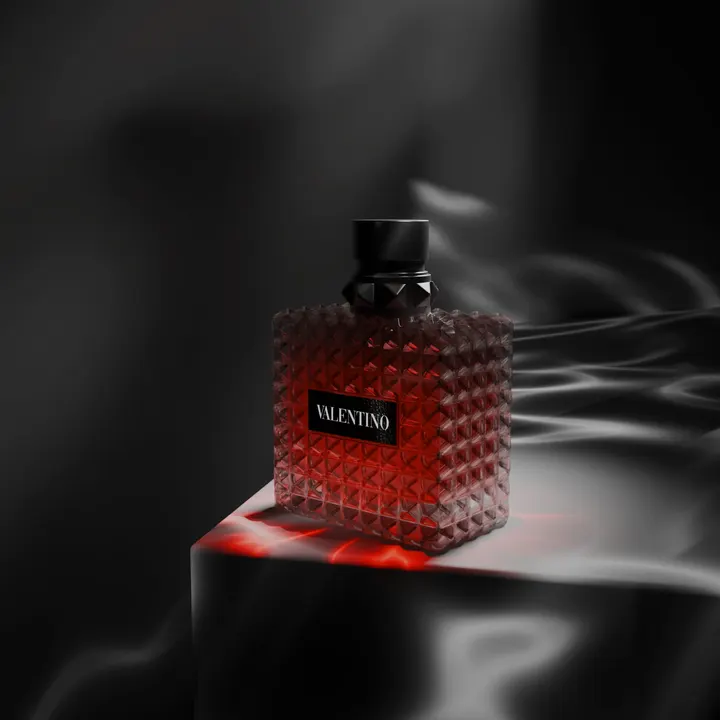 a rendered perfume bottle on a dark stage with red light and smoke