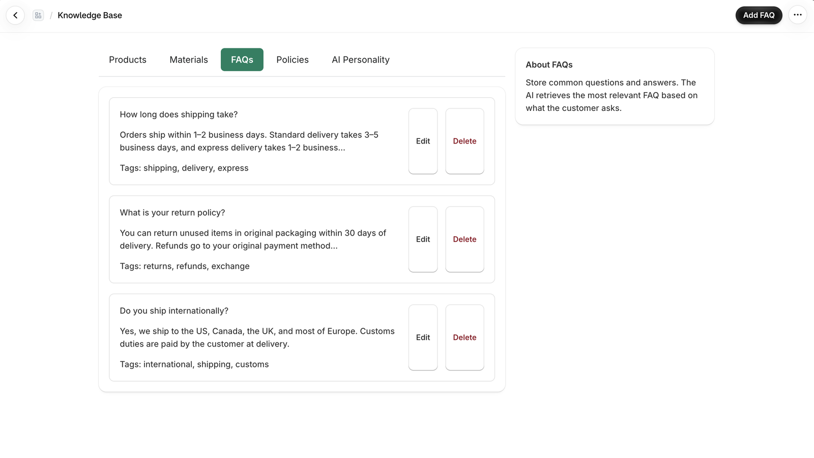 the faqs tab of the righthand knowledge base in the shopify admin