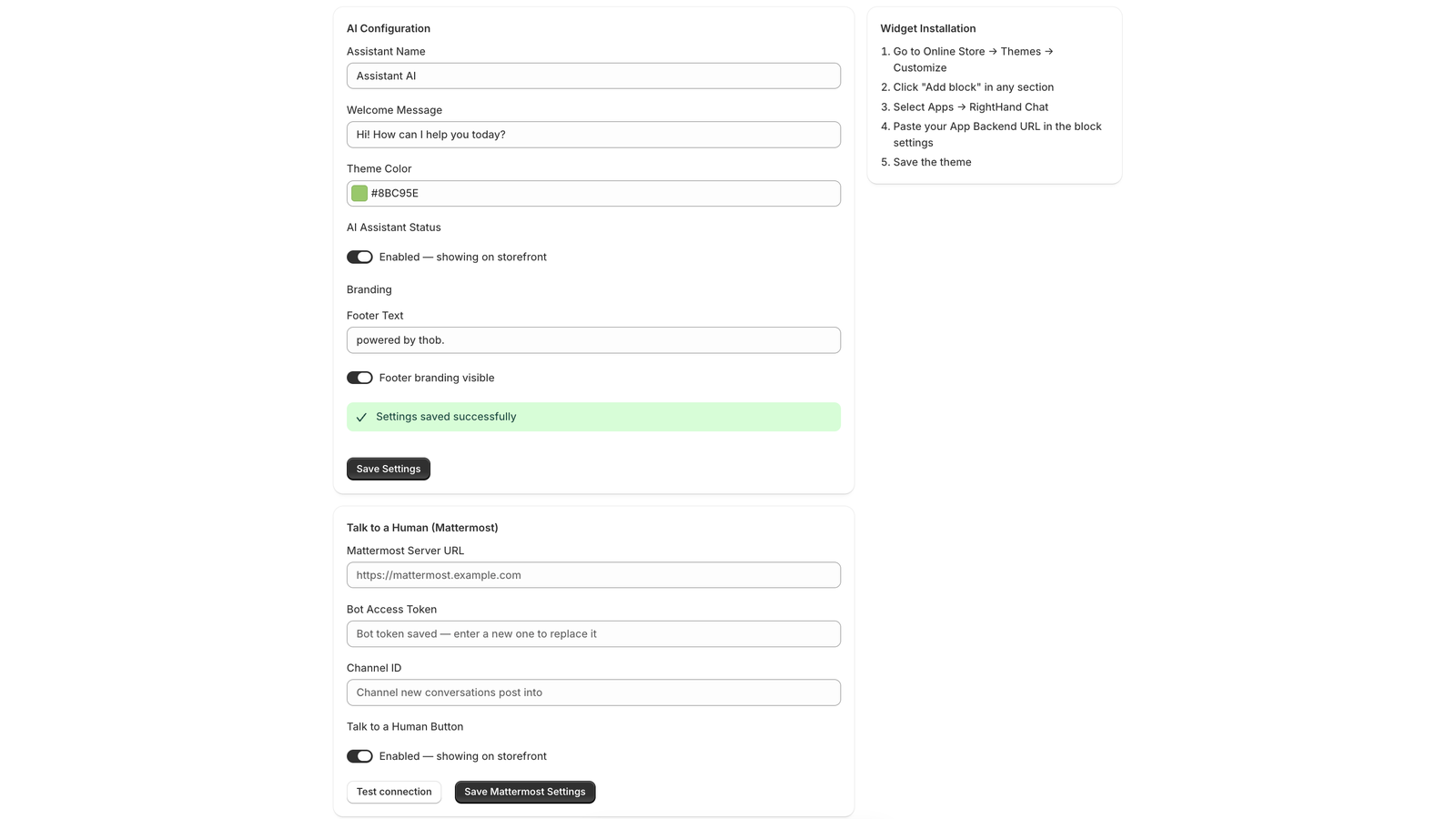 the righthand settings page with the assistant name, colour and branding fields