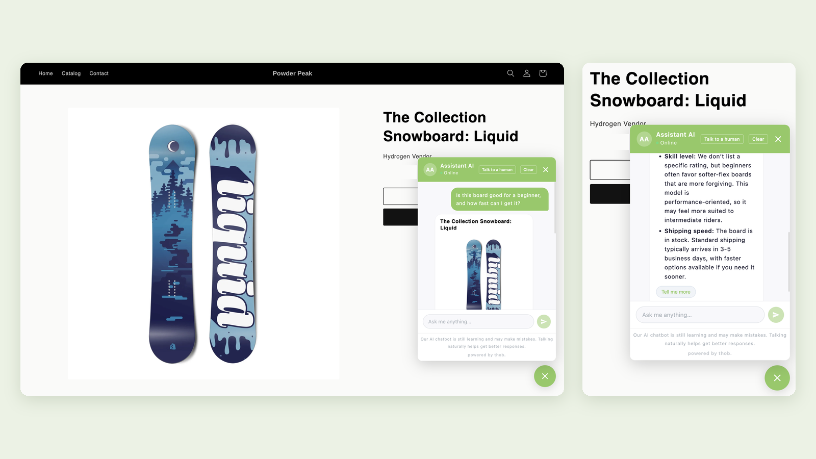 the righthand chat answering a shopper’s question on a snowboard product page
