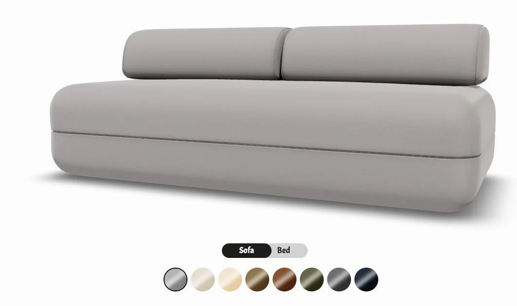 a 3D sofa in a thob configurator, with a sofa or bed switch and a row of fabric swatches