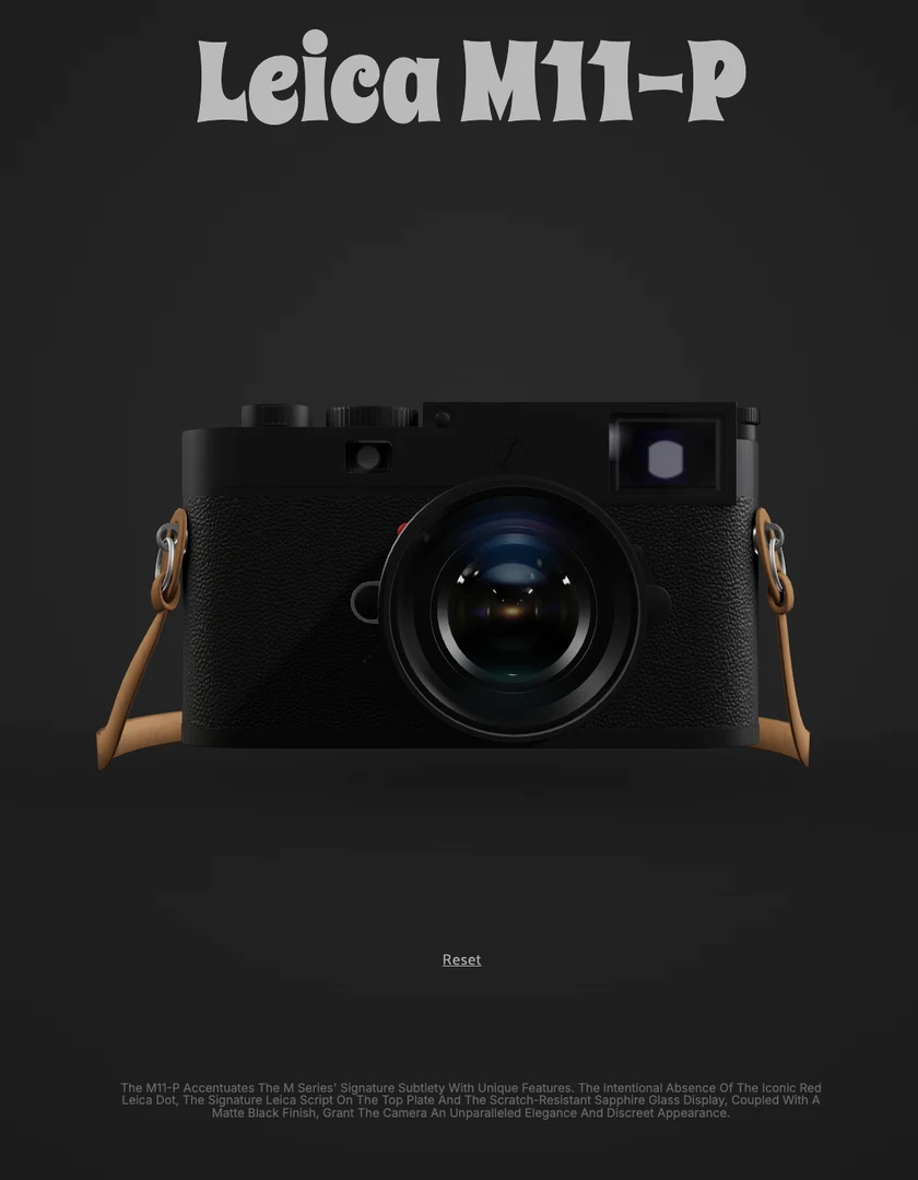 a 3D leica m11-p camera with its leather strap, shown in a thob preview